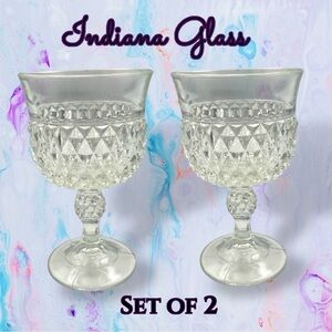 Diamond Point Clear by INDIANA GLASS Set of 2 Small Wine Glasses, Mid Century